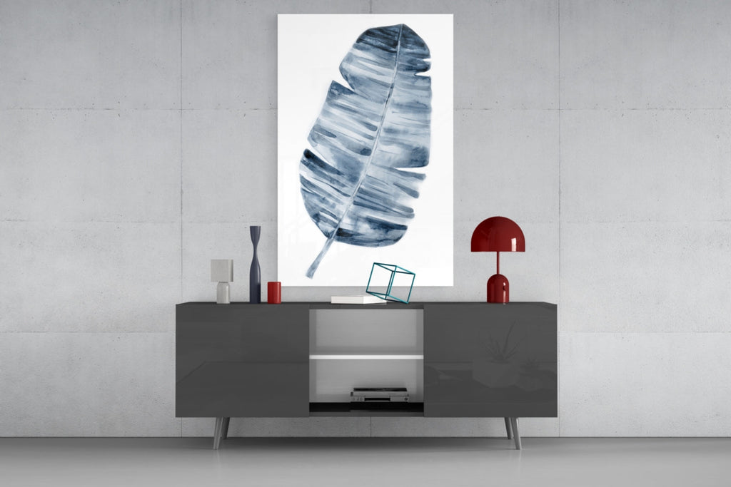 Indigo Watercolor Banana Leaf Glass Wall Art