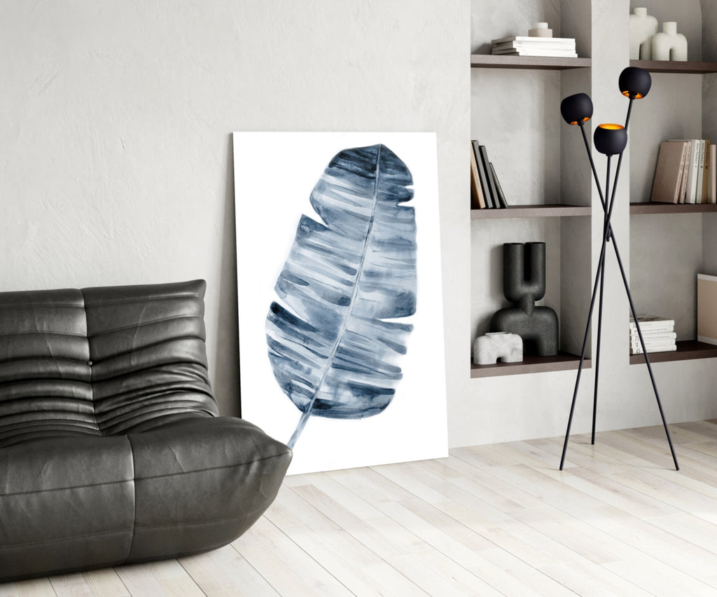 Indigo Watercolor Banana Leaf Glass Wall Art