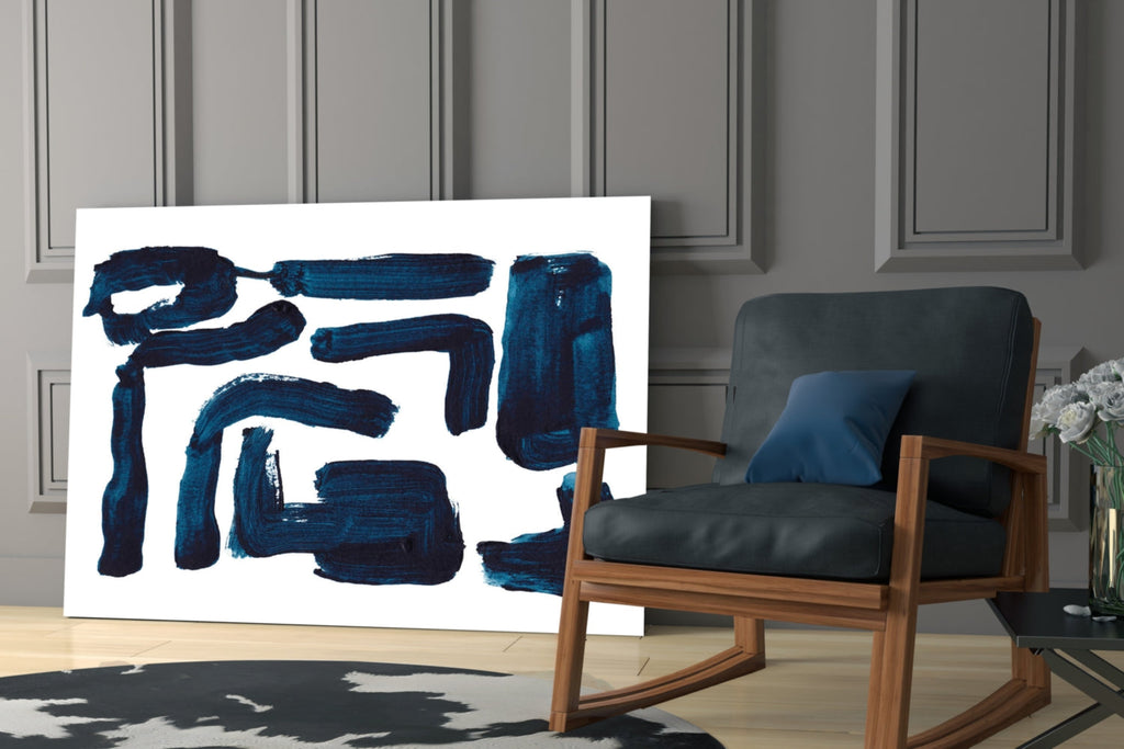 Indigo Blocky Ink Strokes Glass Wall Art