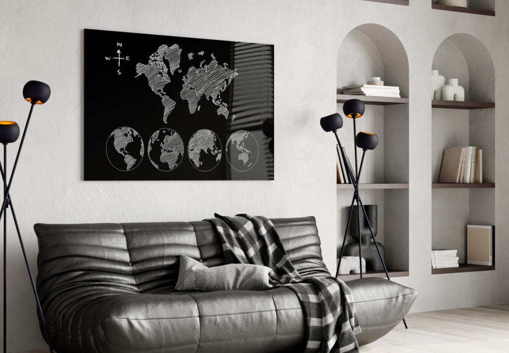 White Sketch World Map and Globes Glass Wall Art