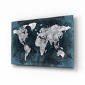 Silver Map Teal Grunge World Map Glass Wall Art