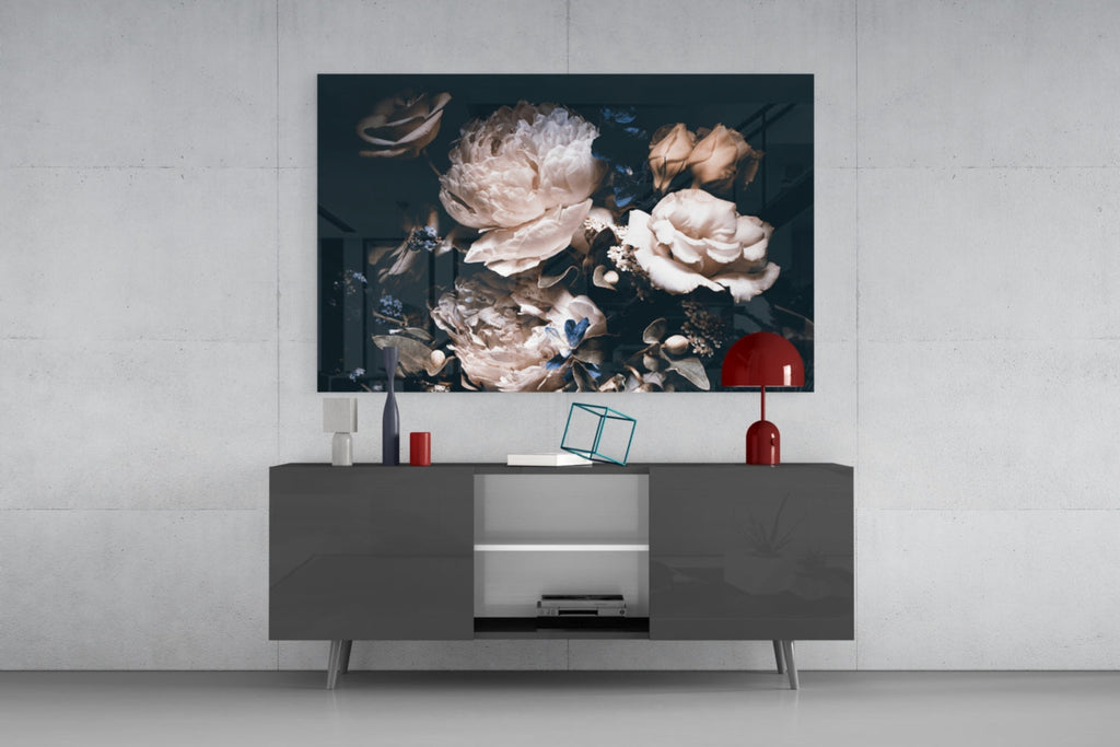 Dark Cream Peony Bouquet Glass Wall Art