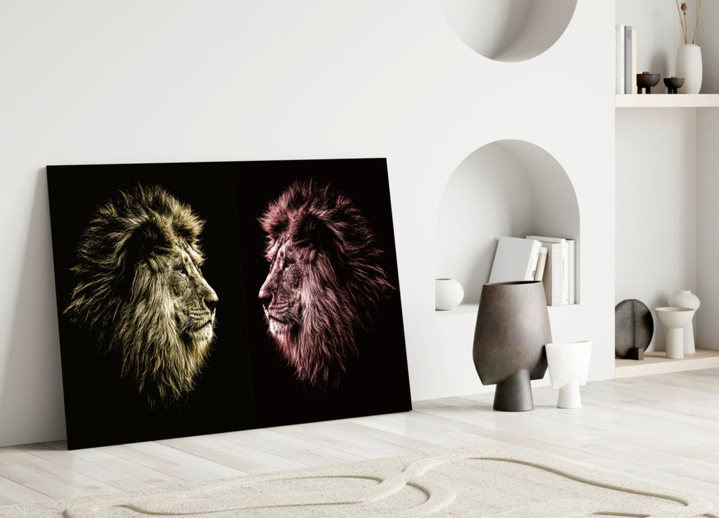 Gold Pink Facing Lions Glass Wall Art