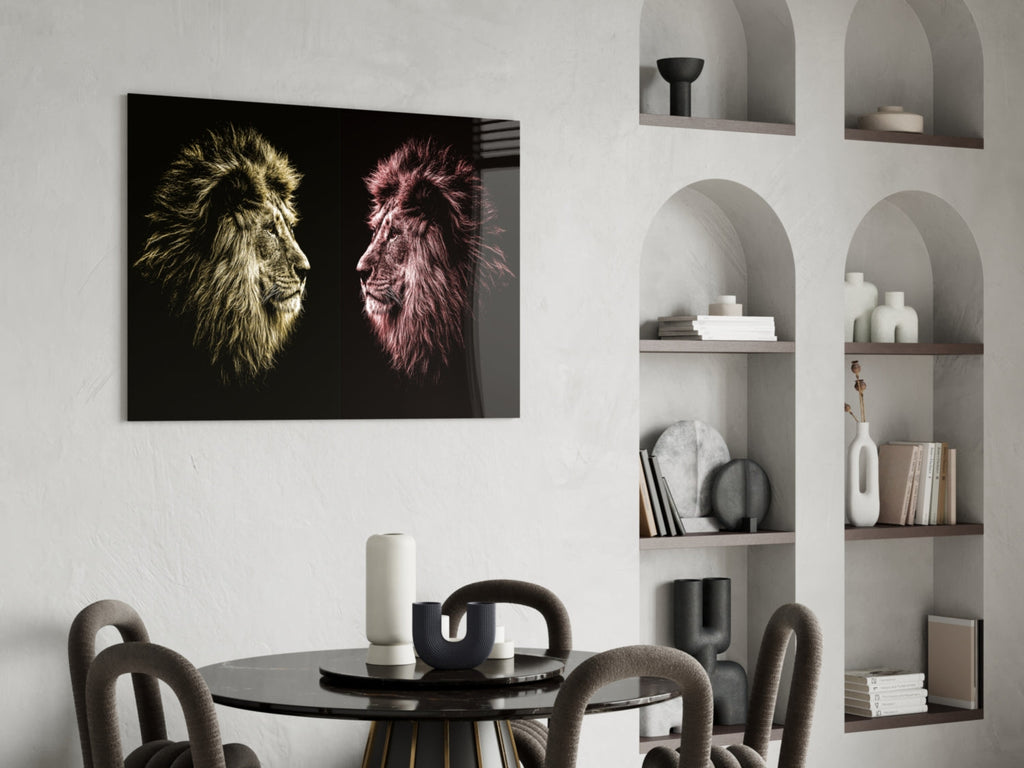 Gold Pink Facing Lions Glass Wall Art