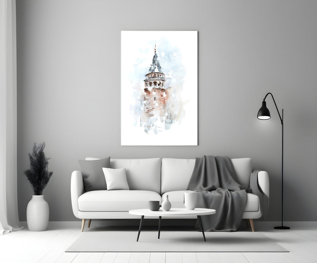 Soft Watercolor Galata Tower Glass Wall Art