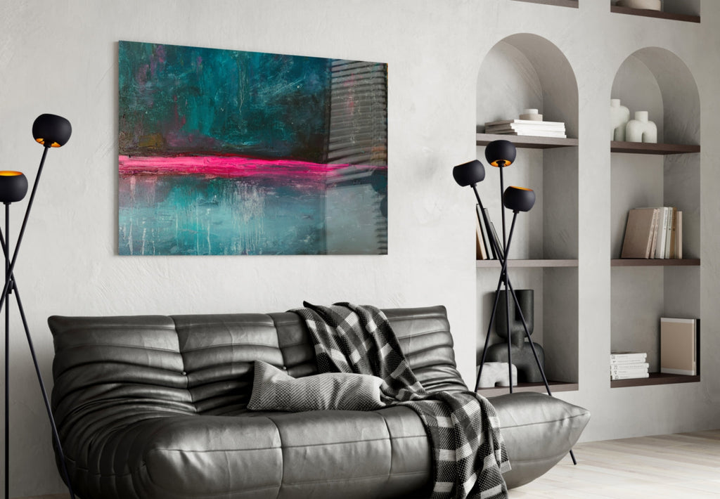 Pink Horizon Teal Abstract Glass Wall Art