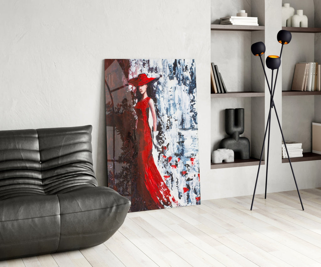 Scarlet Gown Lady Palette Knife Glass Wall Art