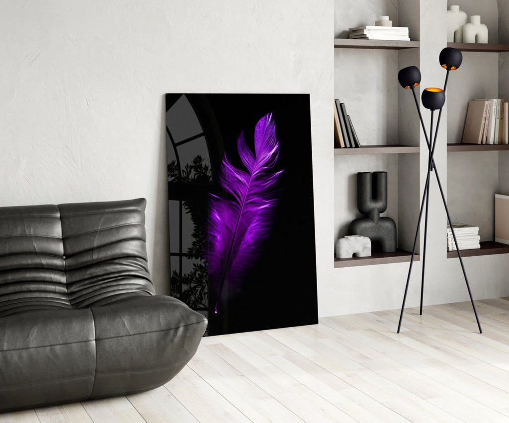 Vivid Purple Feather On Black Glass Wall Art