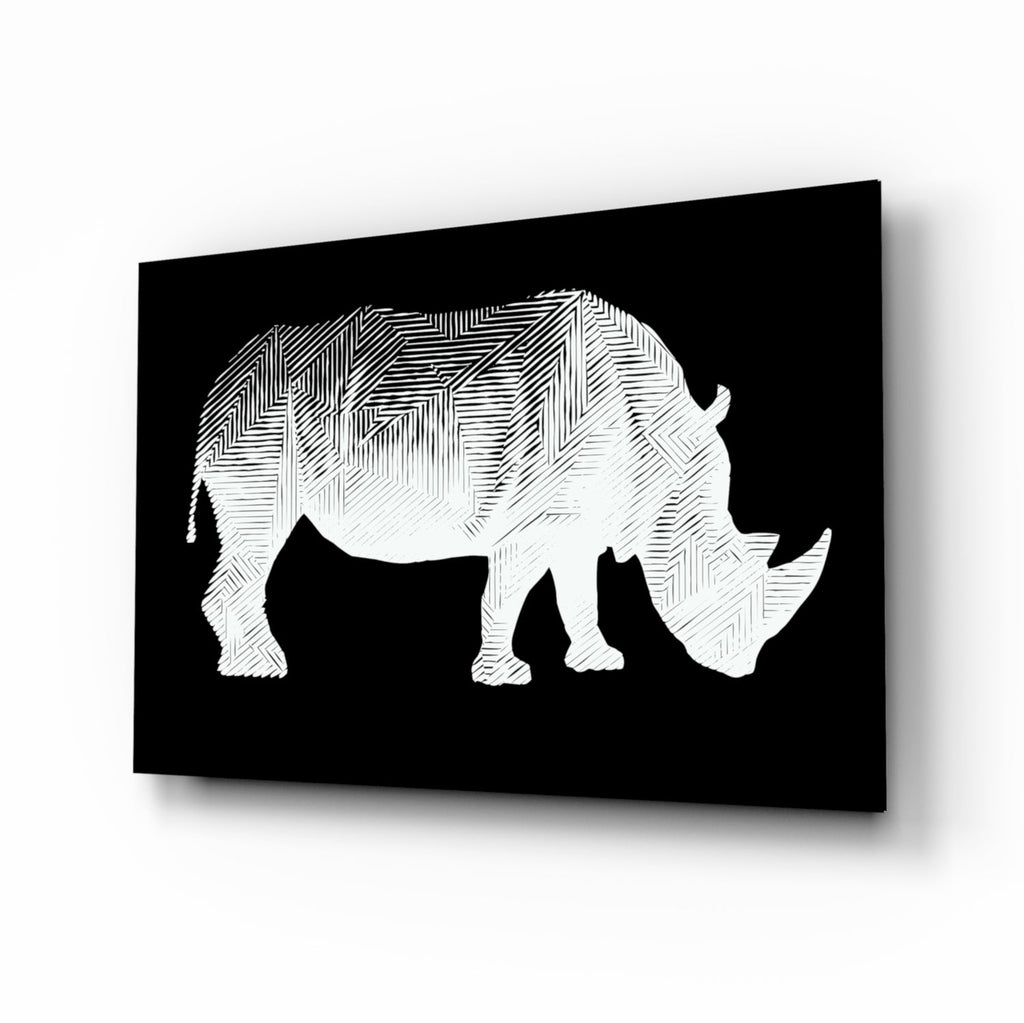 White Line Rhino on Black Glass Wall Art