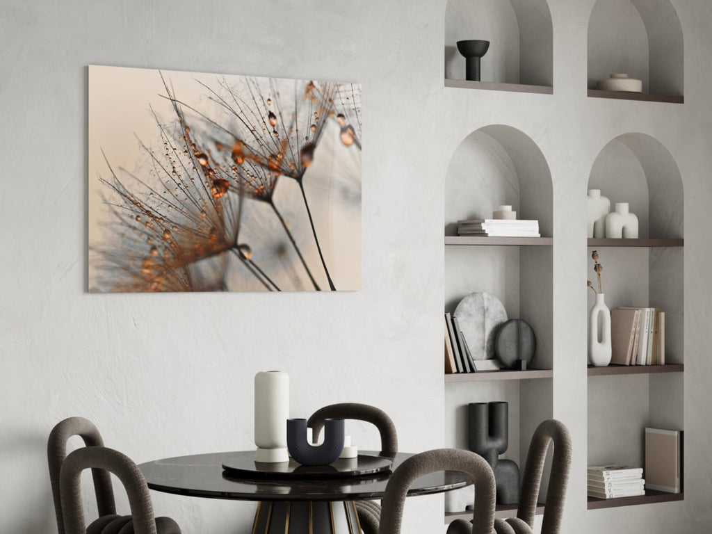 Amber Dewy Dandelion Close Up Glass Wall Art
