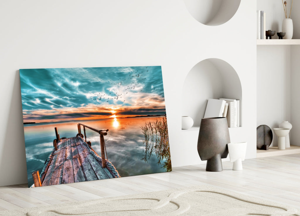 Teal Sky Jetty Sunset Glass Wall Art