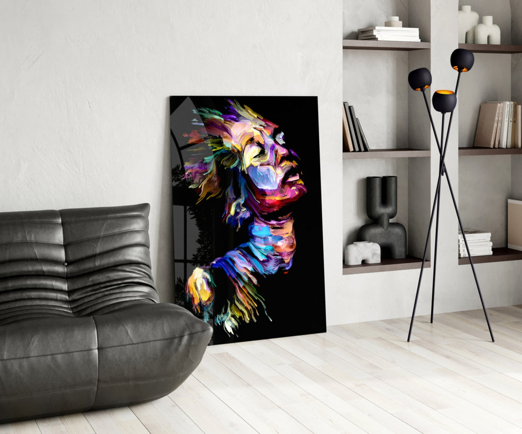 Rainbow Paint Stroke Woman Profile Glass Wall Art
