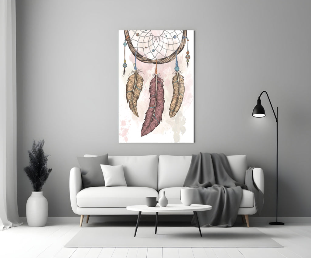 Three Feather Boho Dreamcatcher Glass Wall Art