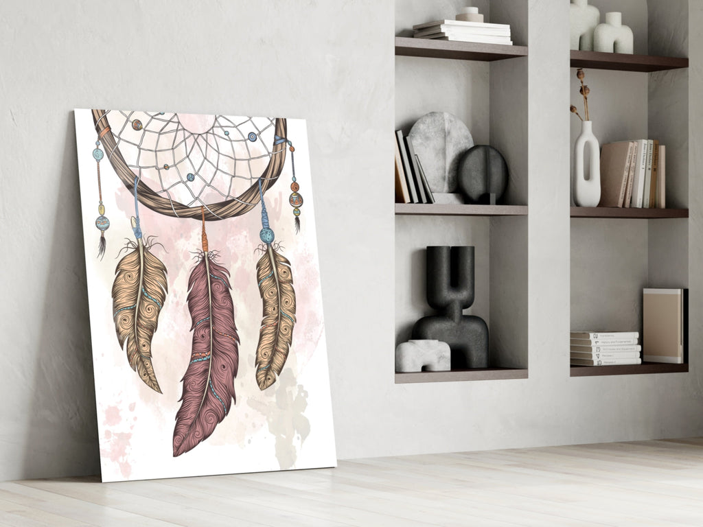 Three Feather Boho Dreamcatcher Glass Wall Art