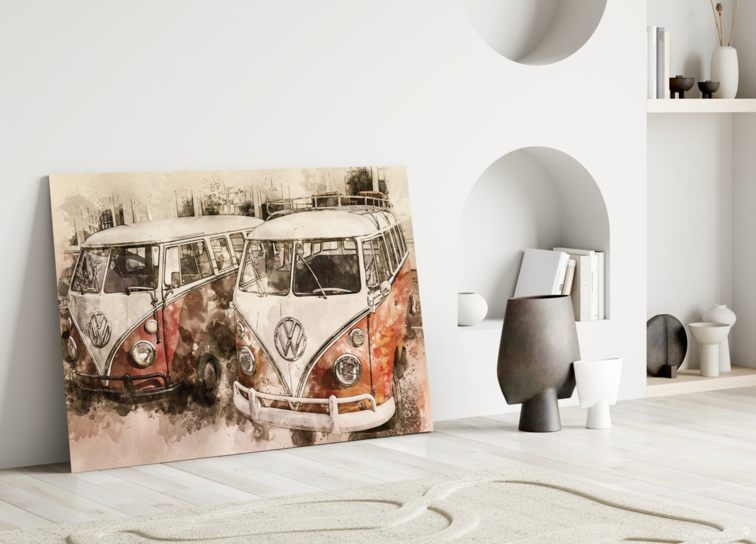 Watercolor Vintage Camper Vans Glass Wall Art