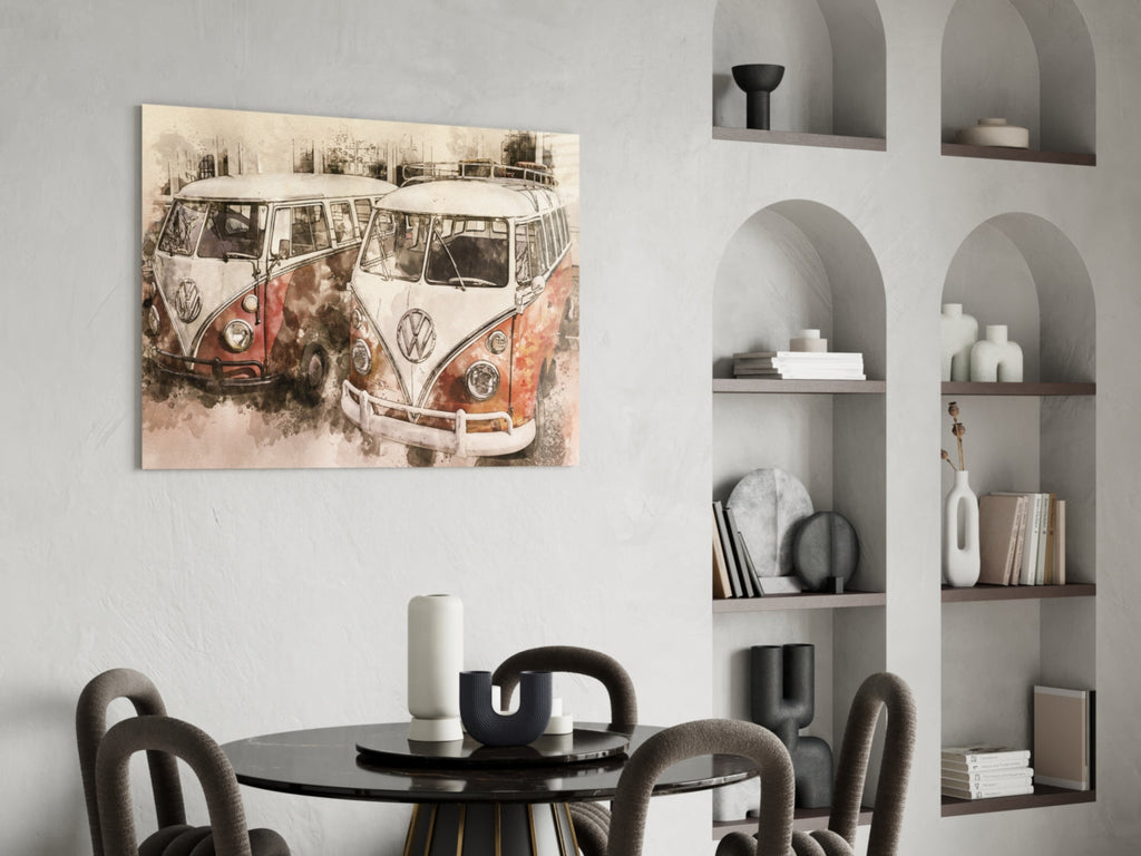 Watercolor Vintage Camper Vans Glass Wall Art