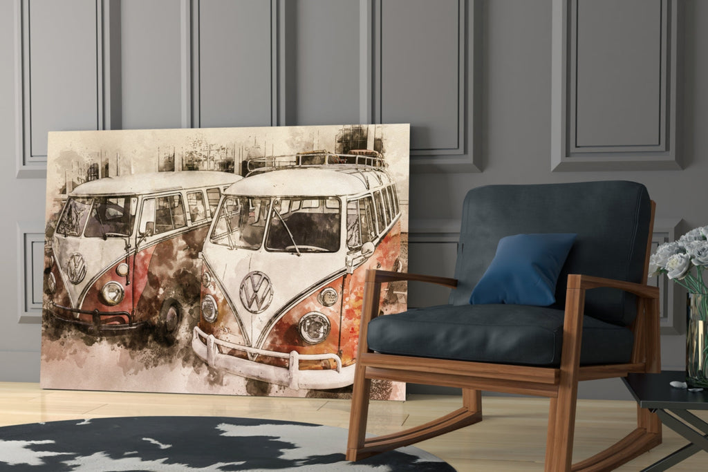 Watercolor Vintage Camper Vans Glass Wall Art
