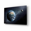 Earth and Moon in Deep Space Glass Wall Art