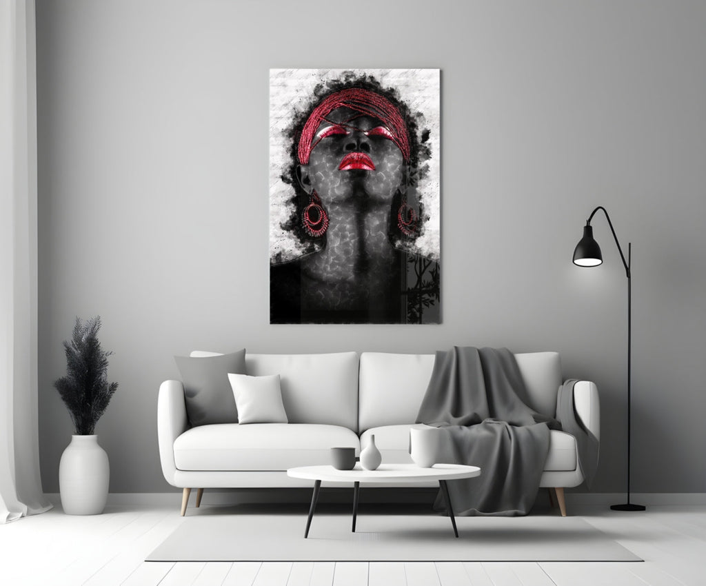 Red Headwrap Woman Ink Splatter Glass Wall Art