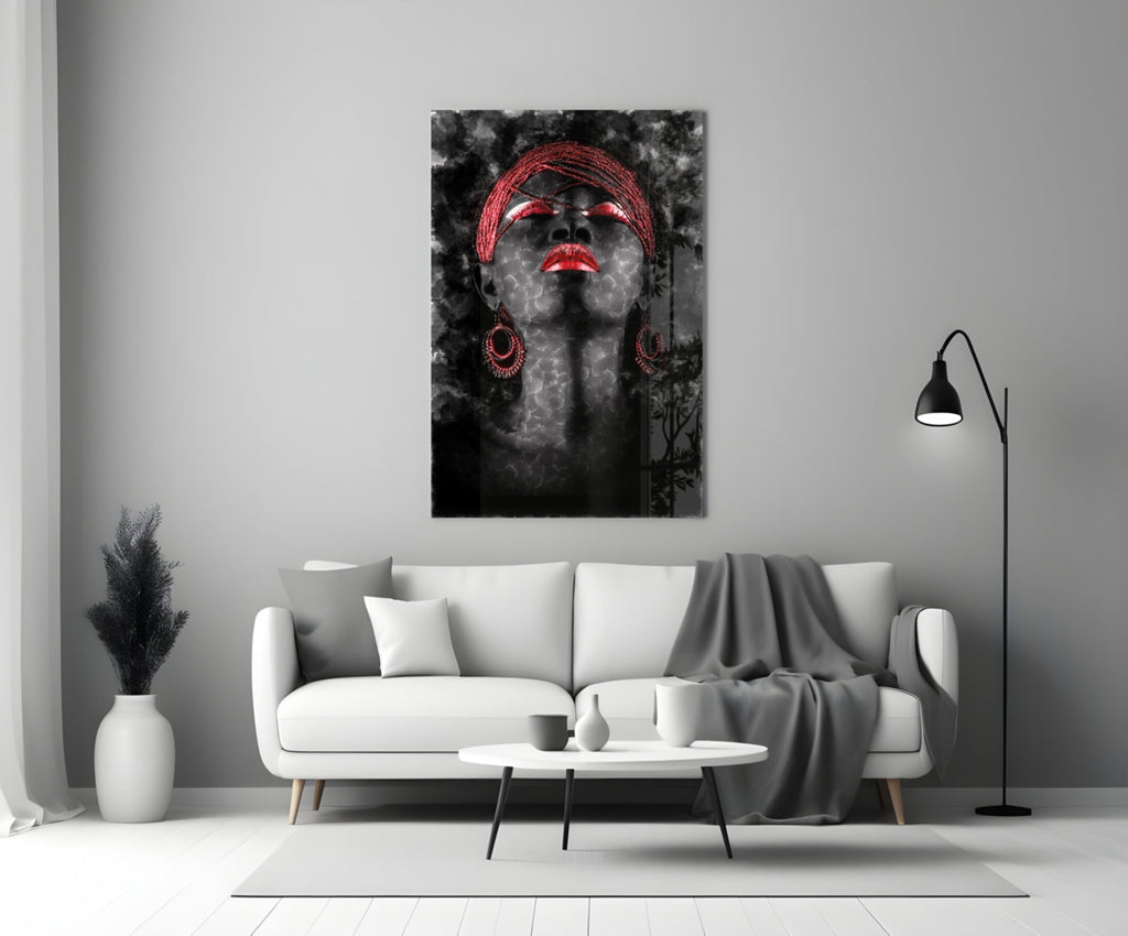 Red Lips Woman Dark Smoke Portrait Glass Wall Art