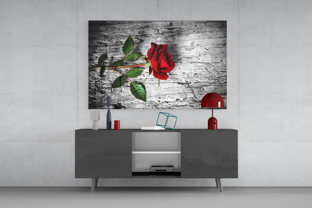 Single Red Rose on Weathered Wood Glass Wall Art