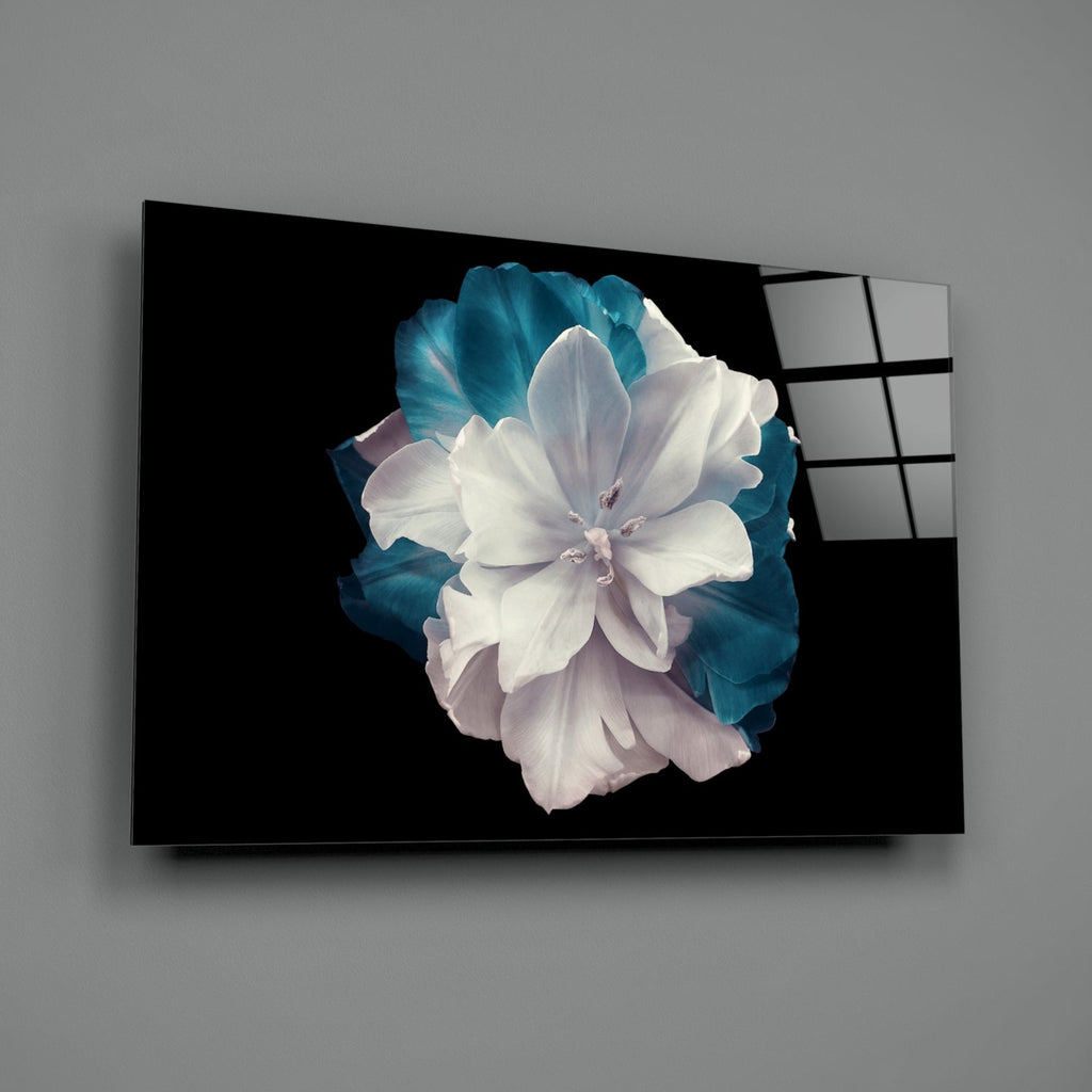 White and Teal Layered Blossom Glass Wall Art