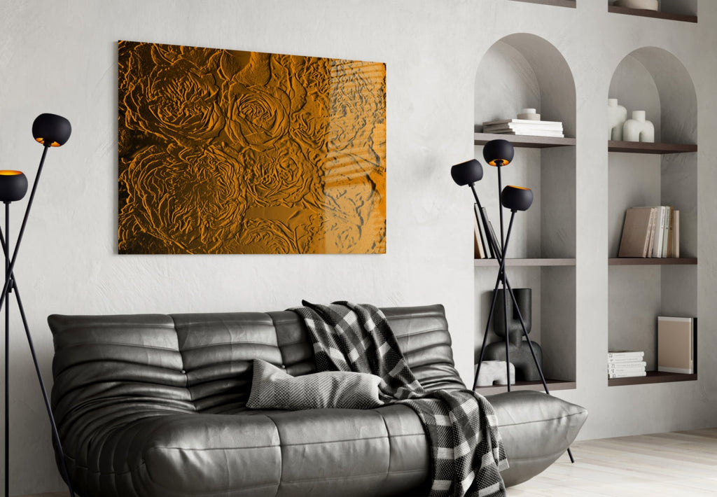 Amber Gold Rose Relief Texture Glass Wall Art