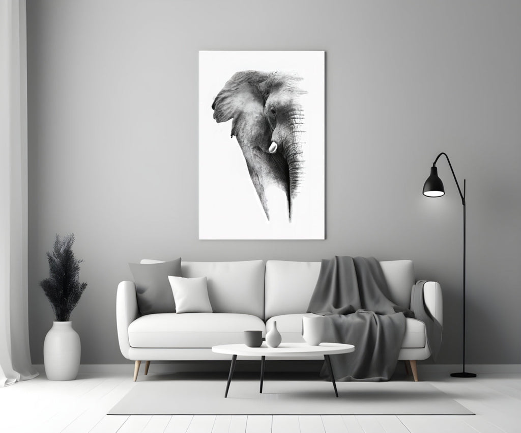 Faded Grayscale Elephant Sketch Glass Wall Art