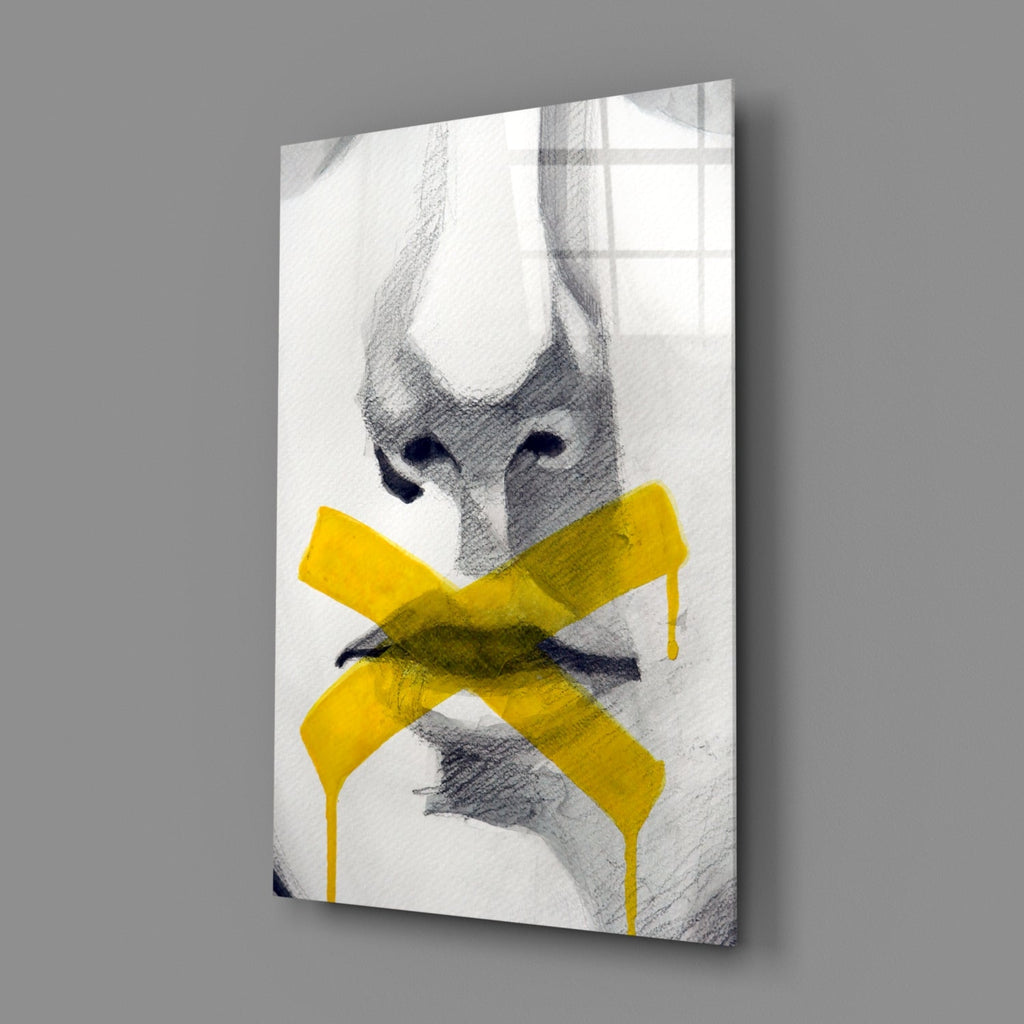 Yellow Tape Cross Over Sketched Lips Glass Wall Art