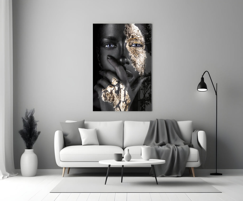 Cracked Gold Half Face Glass Wall Art