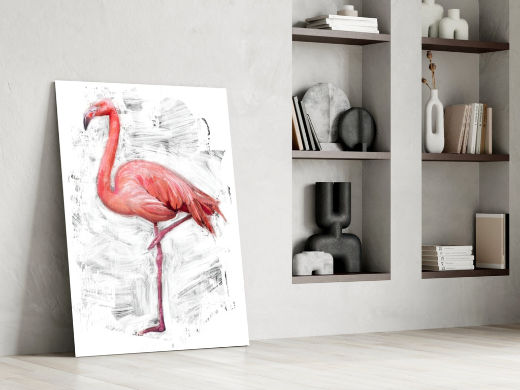 Pink Flamingo Sketch White Glass Wall Art