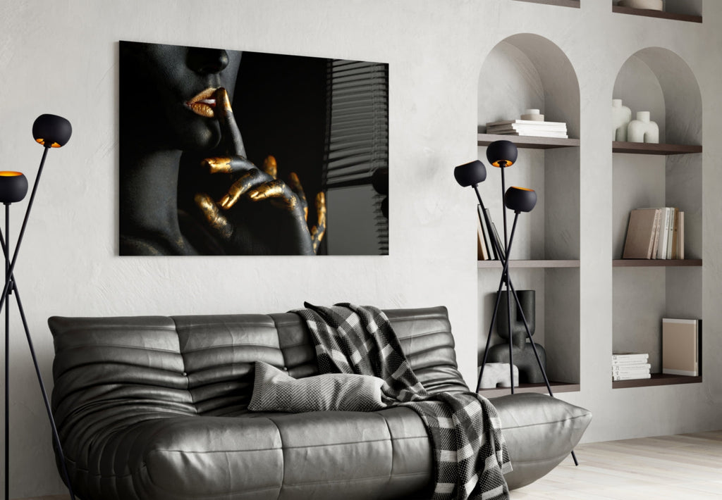 Gold Lips Hush Gesture on Black Panel Glass Wall Art
