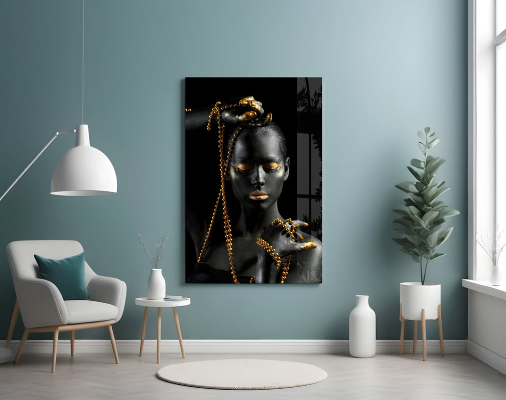 Gold Bead Chain Woman Glass Wall Art