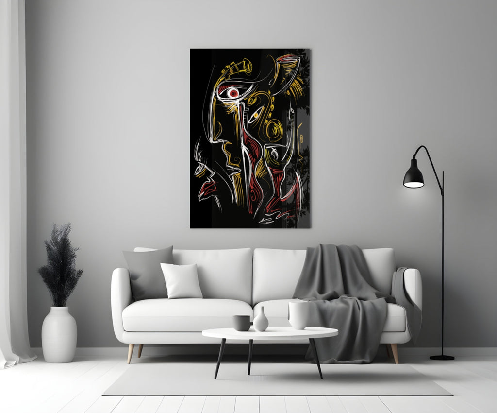 Red Eye Abstract Faces on Black Glass Wall Art