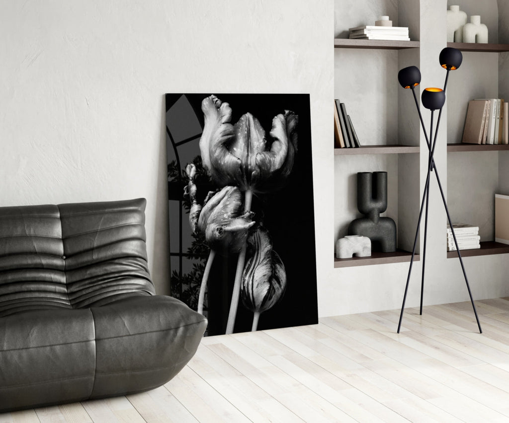 Three Parrot Tulips on Black Glass Wall Art