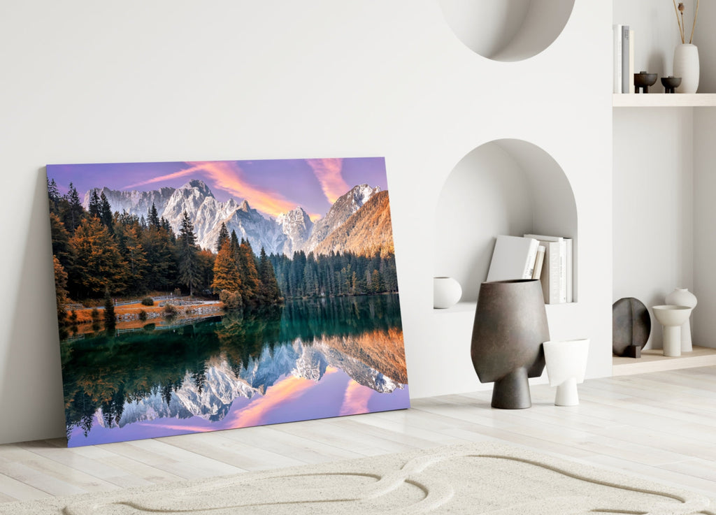 Purple Sky Alpine Lake Glass Wall Art