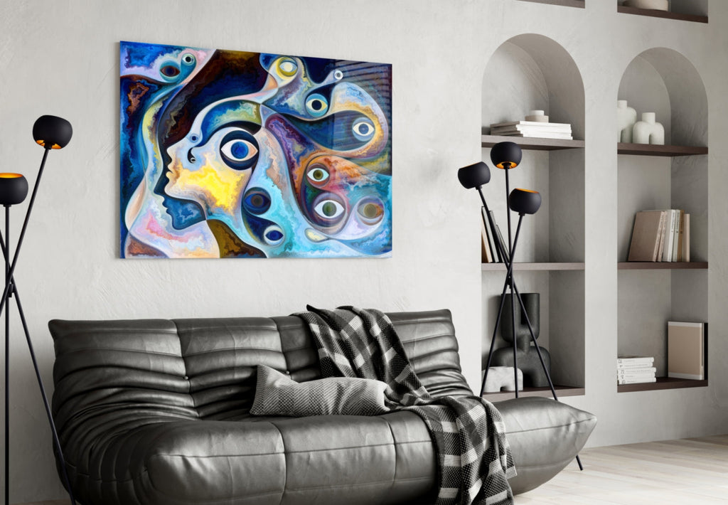 Surreal Blue Faces Eyes Glass Wall Art