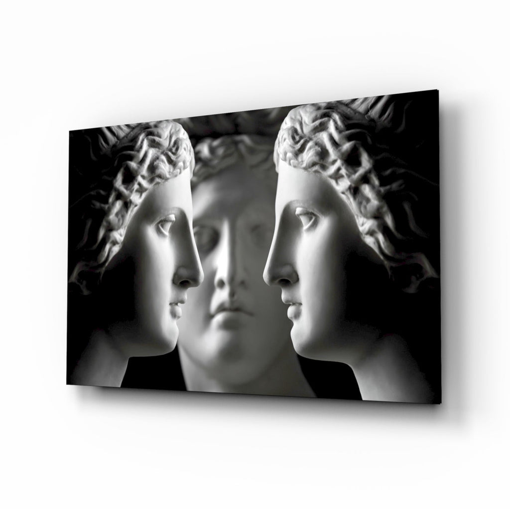 Black and White Mirrored Statue Faces Glass Wall Art