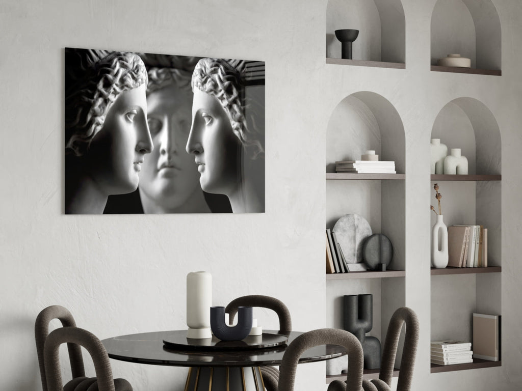 Black and White Mirrored Statue Faces Glass Wall Art