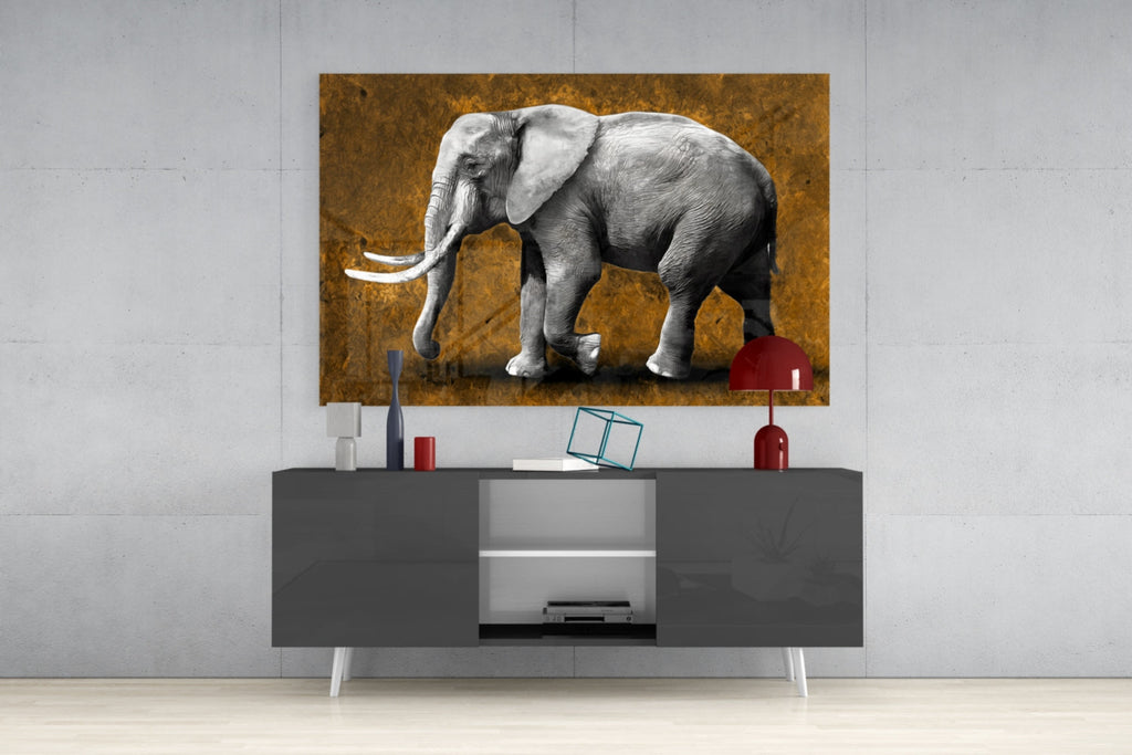Grayscale Elephant Golden Backdrop Glass Wall Art