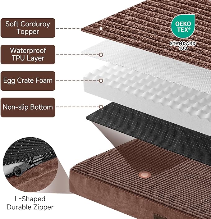 OhGeni Orthopedic Waterproof & Machine Washable Dog Bed for Large Pets, Suitable for Crates, Cat Mat with 25D Egg Crate Foam, Non - Slip Bottom & Removable Cover, Invisible Zipper, 41 Inches(Brown) - PhishStones Products