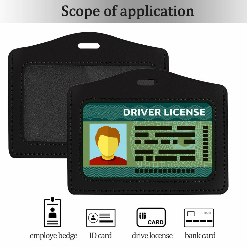 2 Pcs Genuine Leather Horizontal ID Badge Holders Clear Waterproof Black Gray