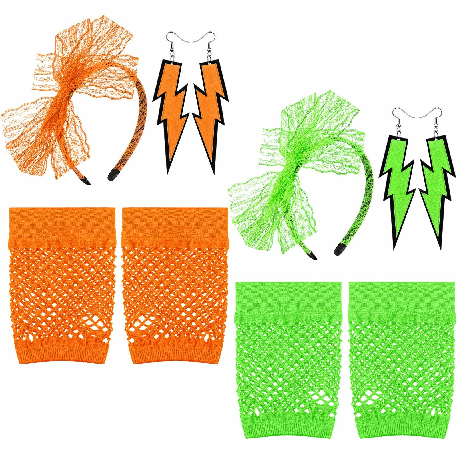 Maiteenly 80s Costume Accessories Set Lace Headband Neon Earrings Gloves