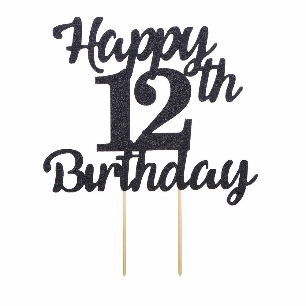 LVEUD 12th Birthday Cake Topper Black Glitter 12th Party Decoration