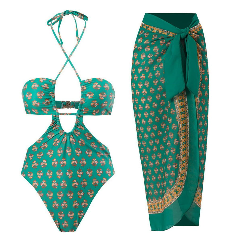 Hawaiian One Piece Swimsuit & Cover Up Wrap Skirt Set Halter Green Size L
