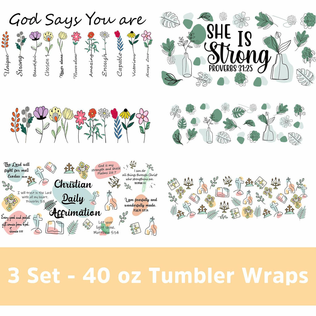 UV DTF Cup Wrap Transfer 6 Sheets Bible Verse Floral Waterproof 40oz Tumbler