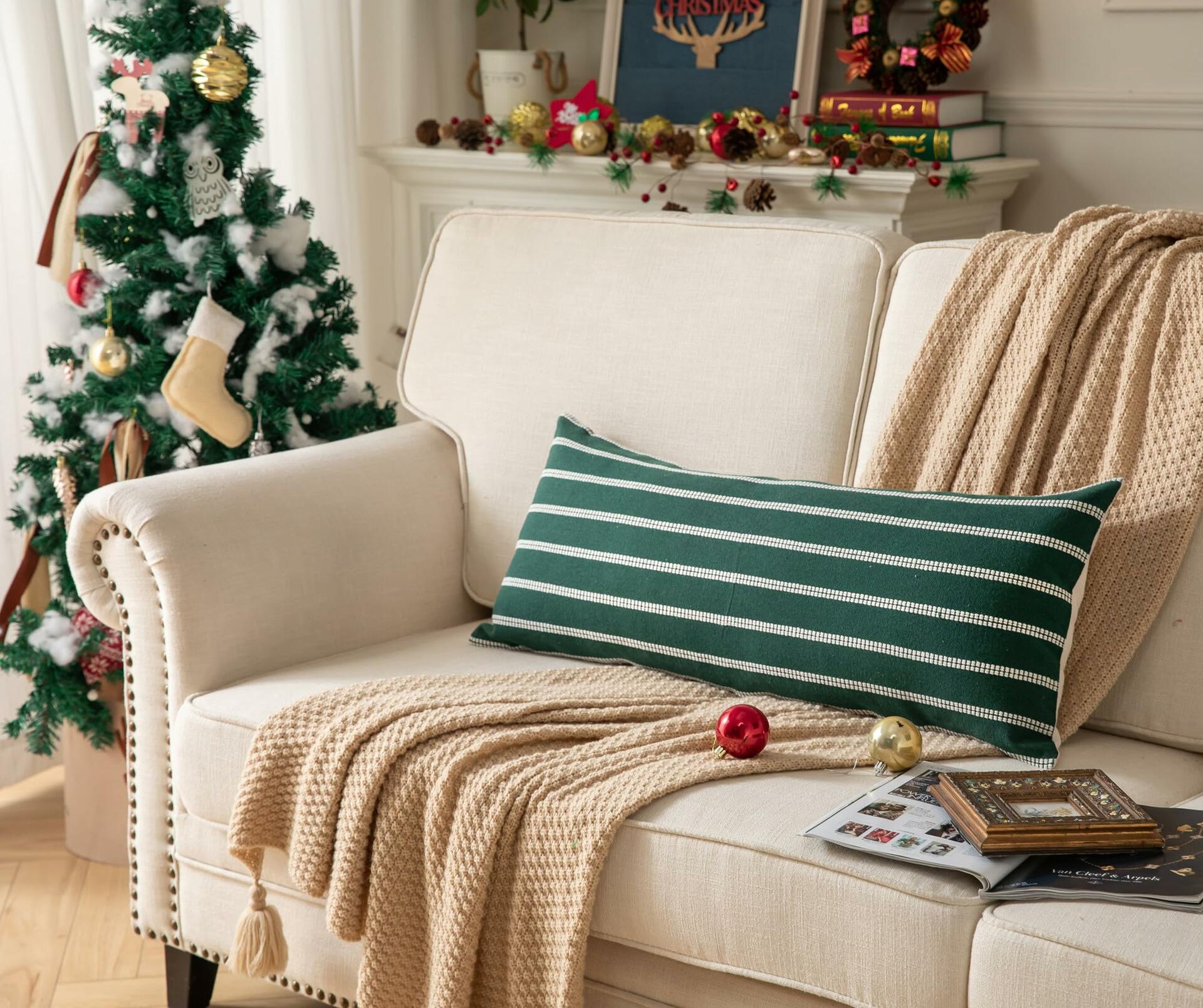 Boho Lumbar Throw Pillow Cover 14x36 Dark Green Striped Pack of 1