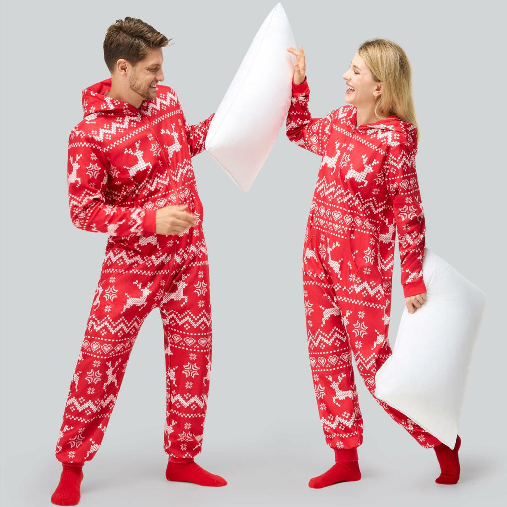 Giggling Getup Women Christmas Pajamas Hooded Nordic Print Red Size L