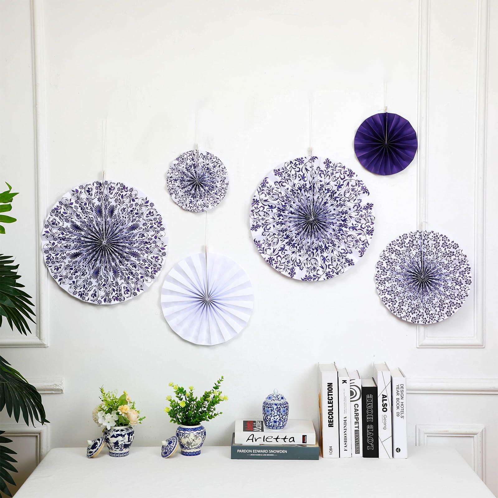 Wonderjune Chinoiserie Hanging Paper Fans Blue White 12 Pcs Party Decor