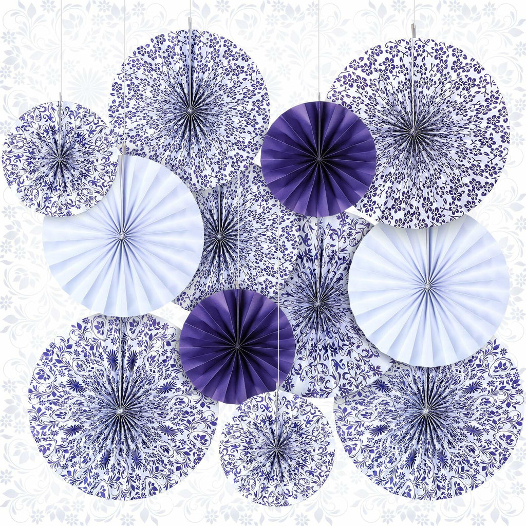 Wonderjune Chinoiserie Hanging Paper Fans Blue White 12 Pcs Party Decor
